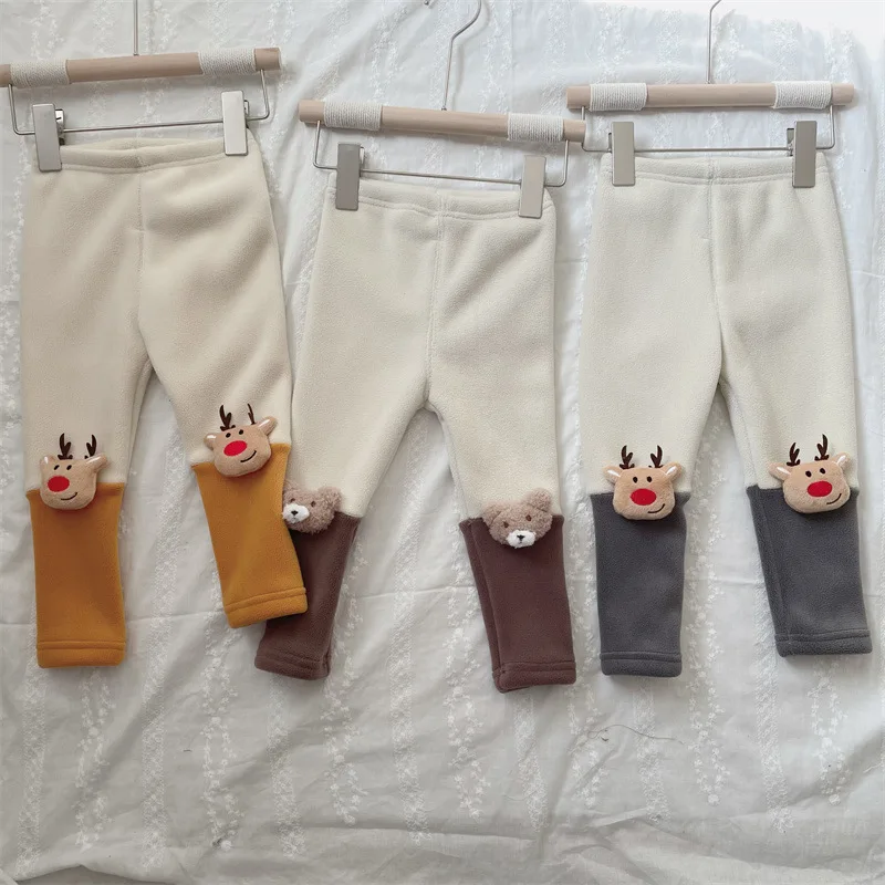 

2022 New Autumn Children Plus Fleece Leggings Boy Infant Cute Doll Splicing Thicken Casual Pants Girl Kid Warm Fashion Trouser