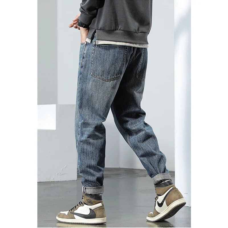 Streetwear Men Autumn and Winter Baggy Straight Cylinder Jeans Vintage Chaopai Harun Trousers Fashion Comfortable Blue Trousers