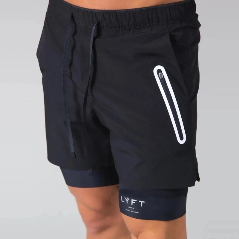 Summer New Men's Sports Shorts 2 In 1 Quick Dry Zipper Pocket Navy Shorts