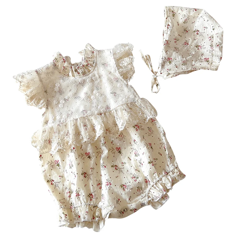 

Lace Princess Toddler Romper Summer Retro Newborn Baby Girl Jumpsuit Floral Flying Sleeves Cotton Infant Outfits 2Pcs with Hats