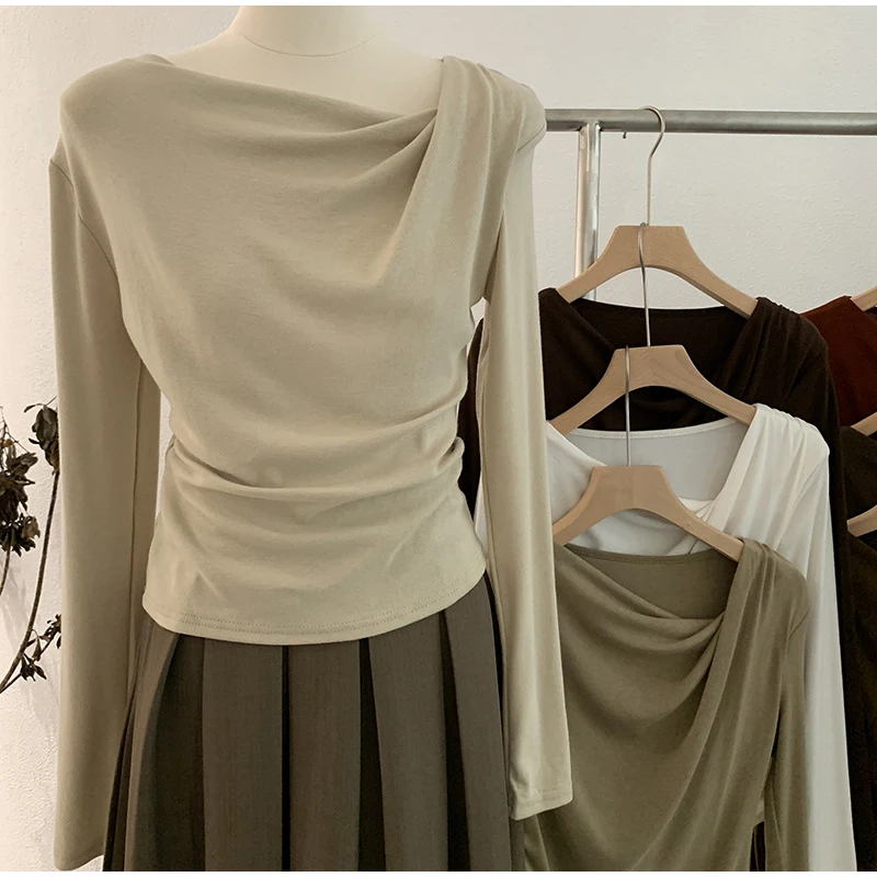 Женская Однотонная футболка с длинным рукавом простая эластичная Приталенная