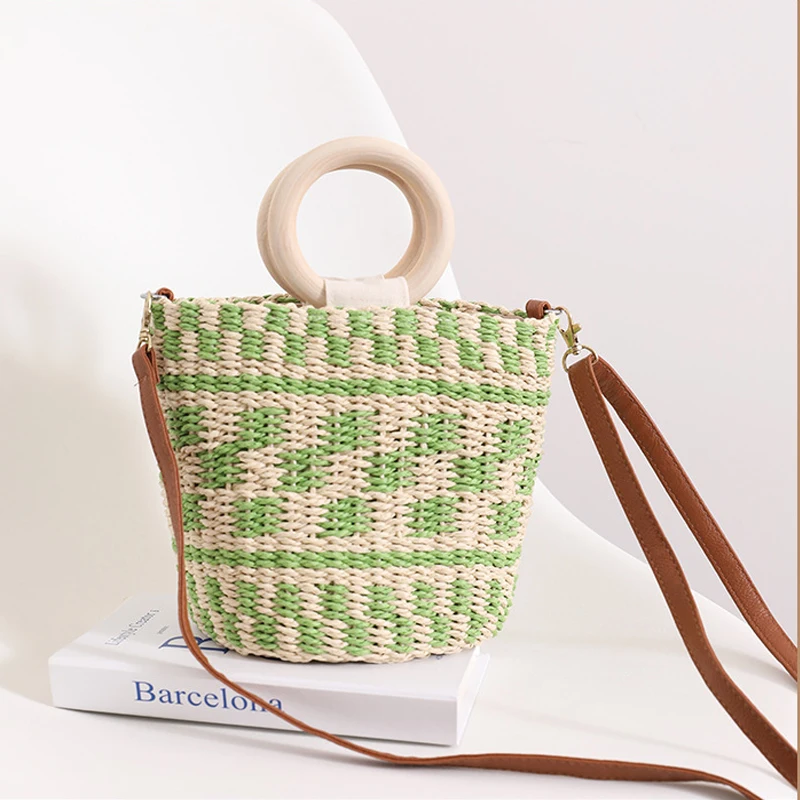 Summer Beach Bag Handmade Straw Rattan Woven Color Bump Tote Bags Wrapped Women Round Wood Top-handle Handbag Rattan Basketbag
