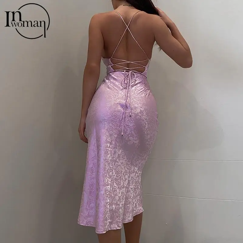 

Inwoman Fall Spaghetti Strap Print Black Dress Women 2021 Bandage Backless Sexy Party Midi Dress Ladies Strapless Bodycon Dress