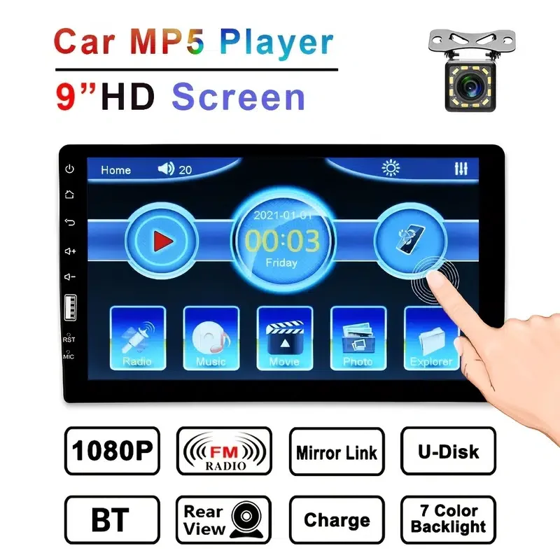 

1pc Single 1Din MP5 Player, 9"HD Screen Car Stereo Radio FM USB AUX Touch Mirror Link 1080P