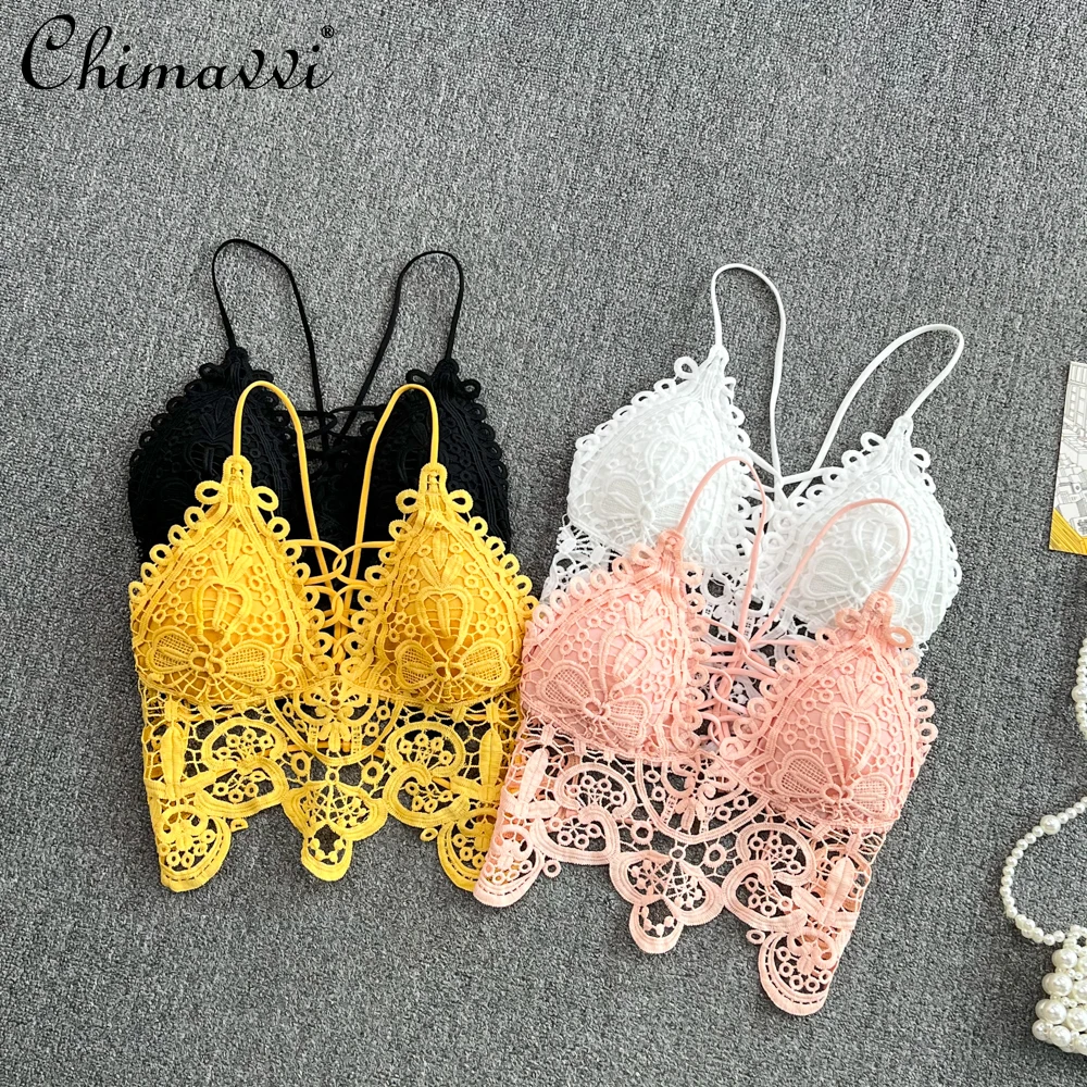 

2022 Summer New All-Match Crocheted Hollow Out Lace Camisole for Ladies Fashion Solid Color Sexy Short Tube Top Women's