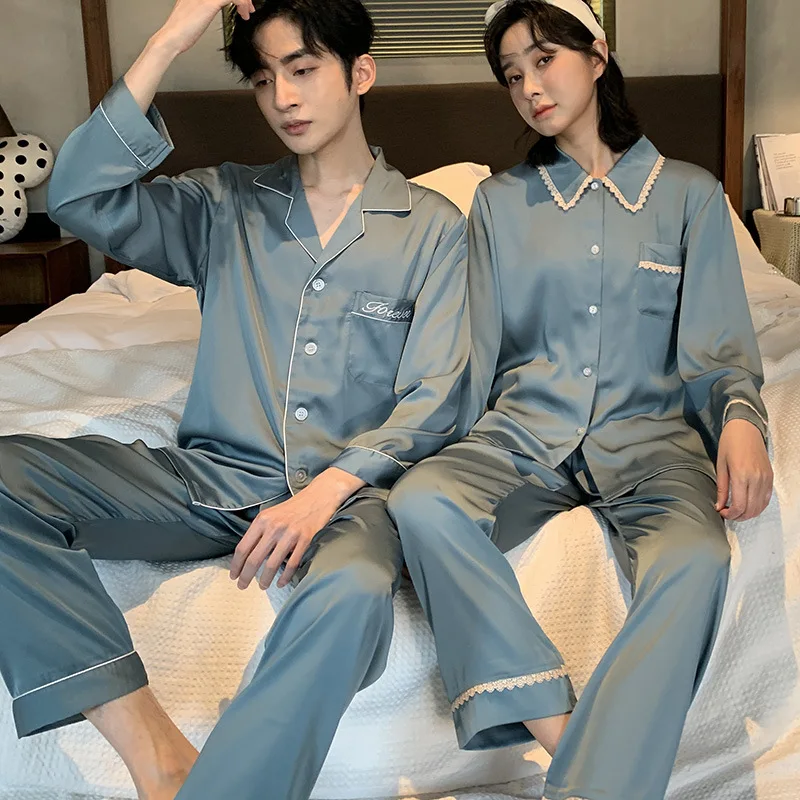 Осенняя Повседневная парная атласная рубашка с длинным рукавом и брюки пижамный
