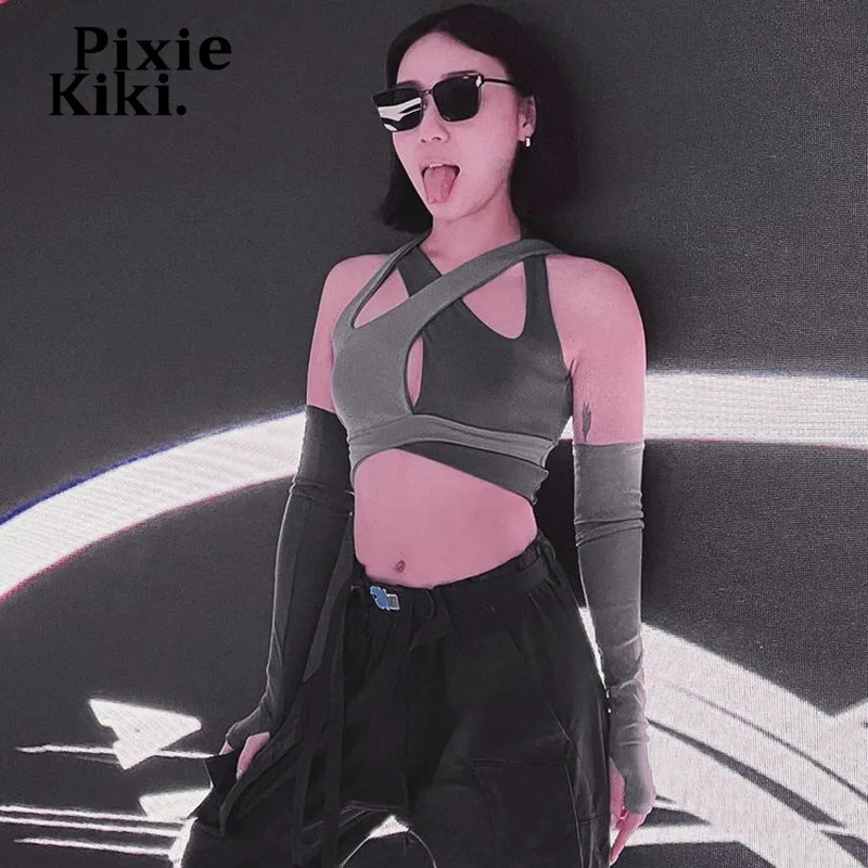 Пикантный кроп-топ PixieKiki с вырезами перекрестными лямками через шею рукавами для