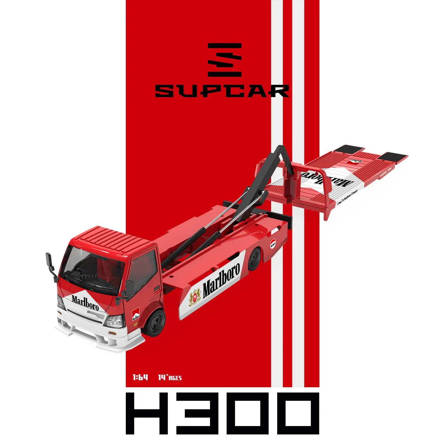 Фото Новая модель грузовика-эвакуатора SUPCAR SC 1:64 Marlboro H300 с платформой-прицепом, коллекционная литая модель из сплава, игрушка №2