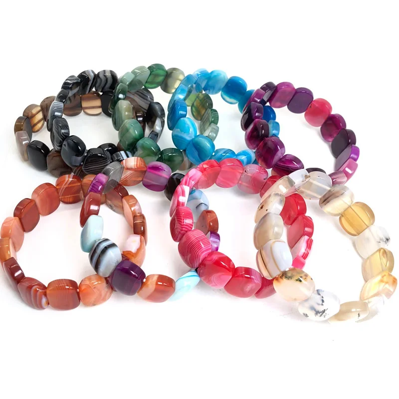 Браслет из агата 14x18 мм Квадратные бусины шелковые радужные полосы женский