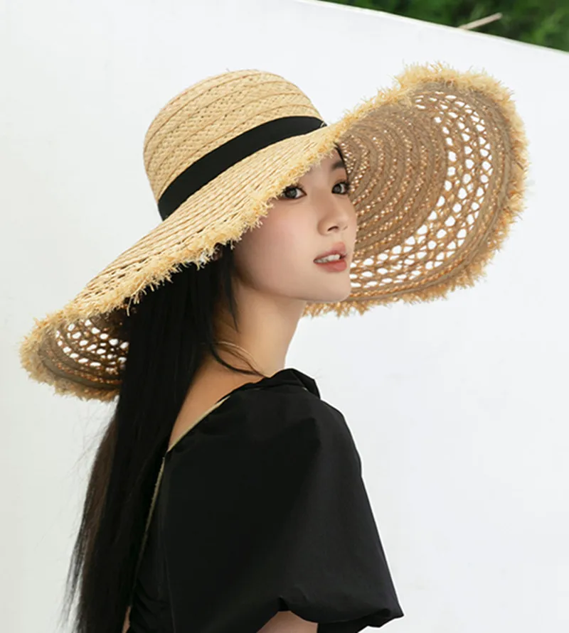 

202306-WN INS dropshipping summer WIDE brim HOLLOW OUT raffia grass weave lady sun cap women leisure beach hat