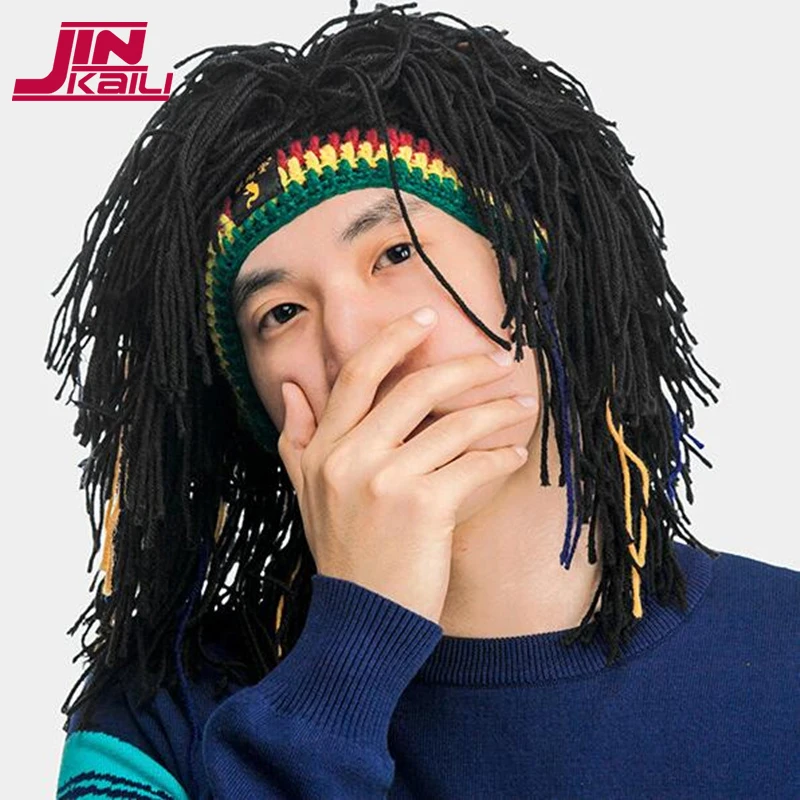 JINKAILI Synthetic Rasta Wig Beanie Cap Cosplay Wig For Men Handmade Crochet Winter Warm Hat Wig Halloween Funny Wig Black Brown