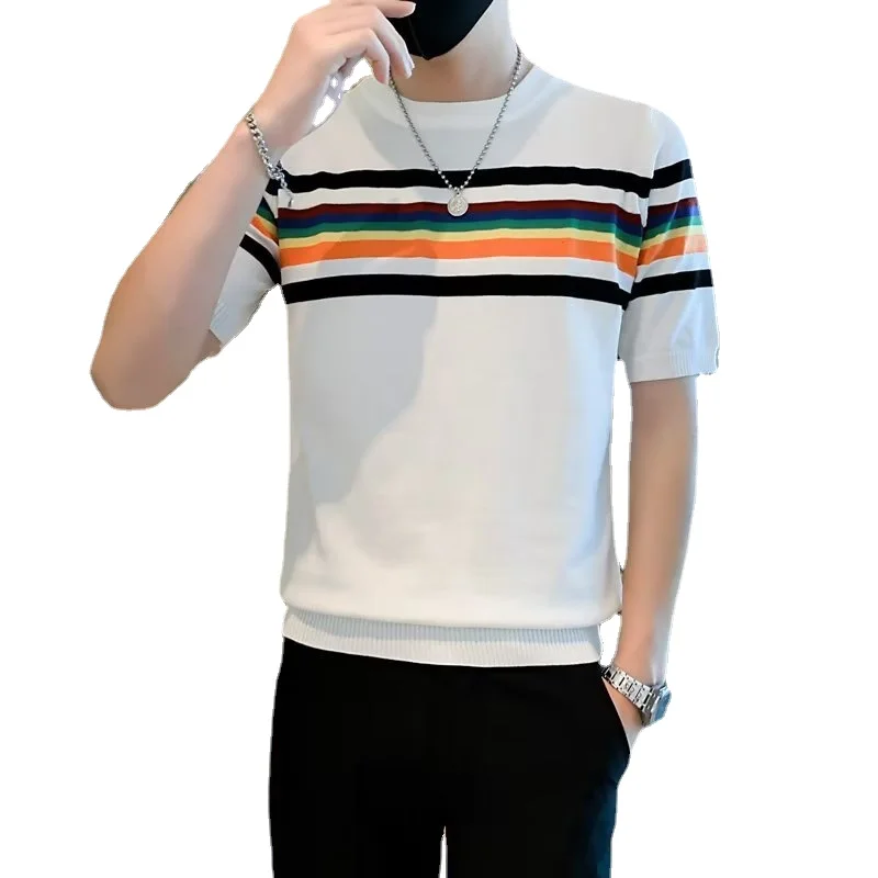 

2023 New Men's Stripe T-shirt Korean Printed Round Neck Casual Short Sleeve Youth Trend Slim Fit Versatile T-shirt Top