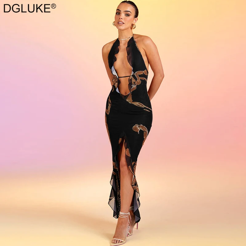 

Deep V-Neck Halter Backless Long Dress Ruffle High Slit Maxi Dress Summer Animal Print Sexy Dress For Party Beach Gowns