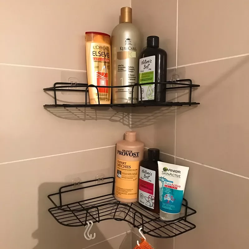 

2022New Bathroom kitchen Punch Corner Frame Shower Shelf Wrought Iron Shampoo Storage Rack Holder with Suction Cup bathroom acce