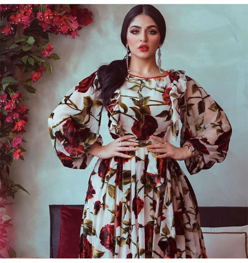 Muslim Dress Women Elegant Casual Rose Print Ruffle Trim O-Neck Lantern Sleeve Bohemia Party Long Dresses Ramadan Abaya New