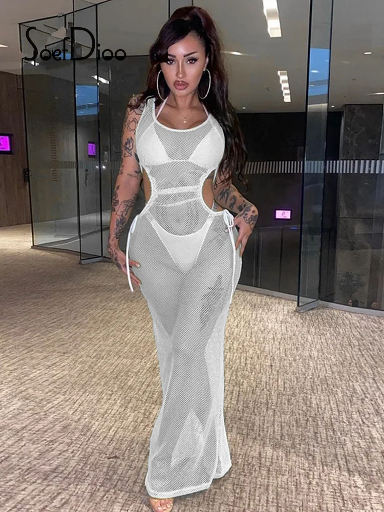 

Женское Прозрачное платье-макси Soefdioo, с круглым вырезом, без рукавов, Бандажное платье с вырезами и разрезом, Клубная одежда, весна 2022