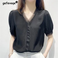 summer 2022 korean fashion short sleeve mesh lace patchwork sweet blouses women casual v neck slim solid chic shirts ladies tops