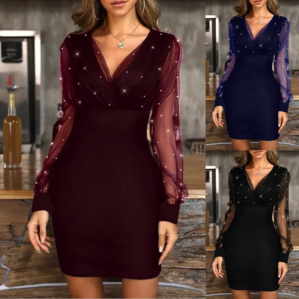 

2022 Ladies Vintage Elegant Party Mini Dress Casual Elegant Dress Sequins Sexy Fall Dress Women