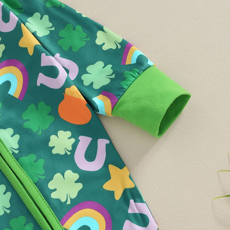 

Newborn Baby Girl Boy St Patricks Day Outfit Four Leaf Clover Romper Green Long Sleeve Bodysuit Jumpsuit