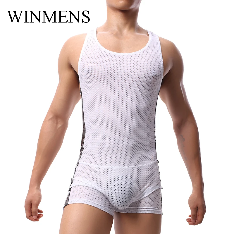 Men's Shaper Solid Mesh Breathable Sleeveless Shapewear Male Gym Bodysuit Slimming Jumpsuit Wrestling Suit Fitnees Sportwear