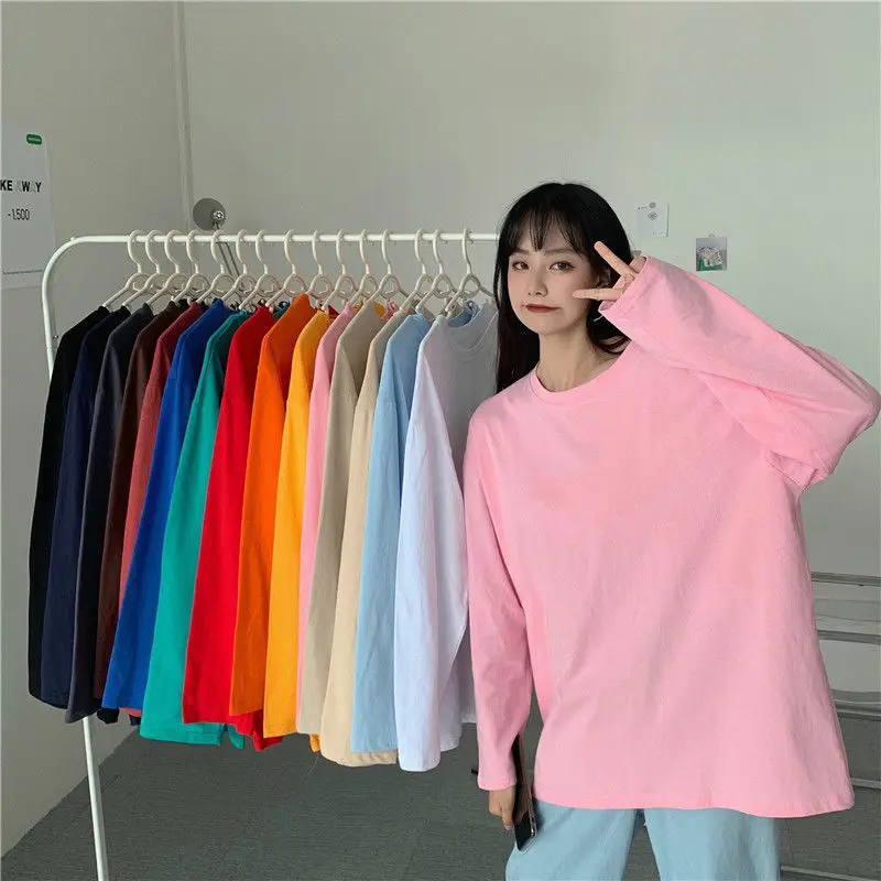 

2022 Spring Solid Color Round Neck Loose Long Sleeved T-shirt for Woman Green Orange Pink Red 21 Color Optional T-shirt Tops