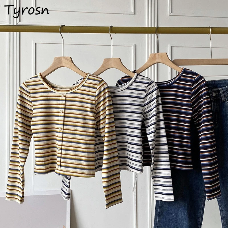 

T-shirts Women Button Design Striped All-match Fashion Korean Style Ladies Simple Casual Daily Spring Clothes Streetwear Cozy
