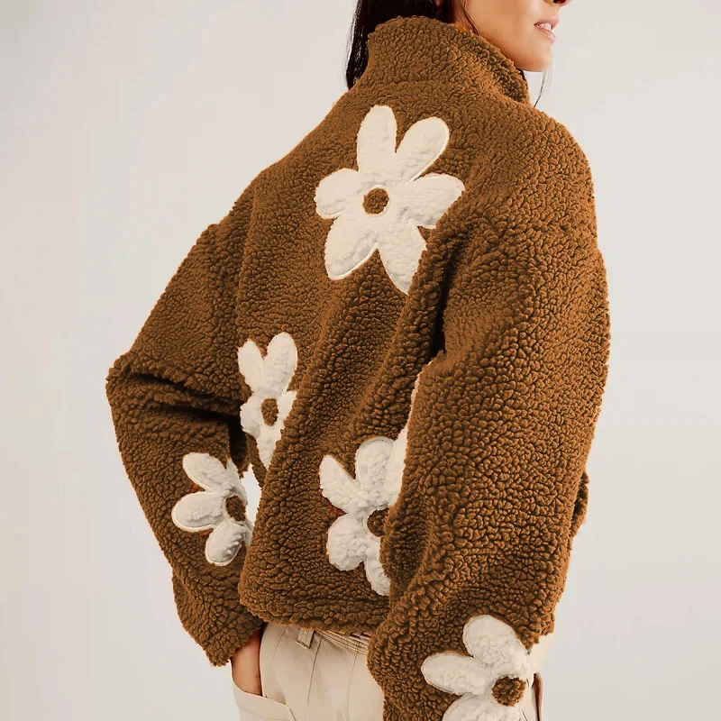 Осенне-зимнее теплое пальто из овечьей шерсти женское модное с цветочным принтом