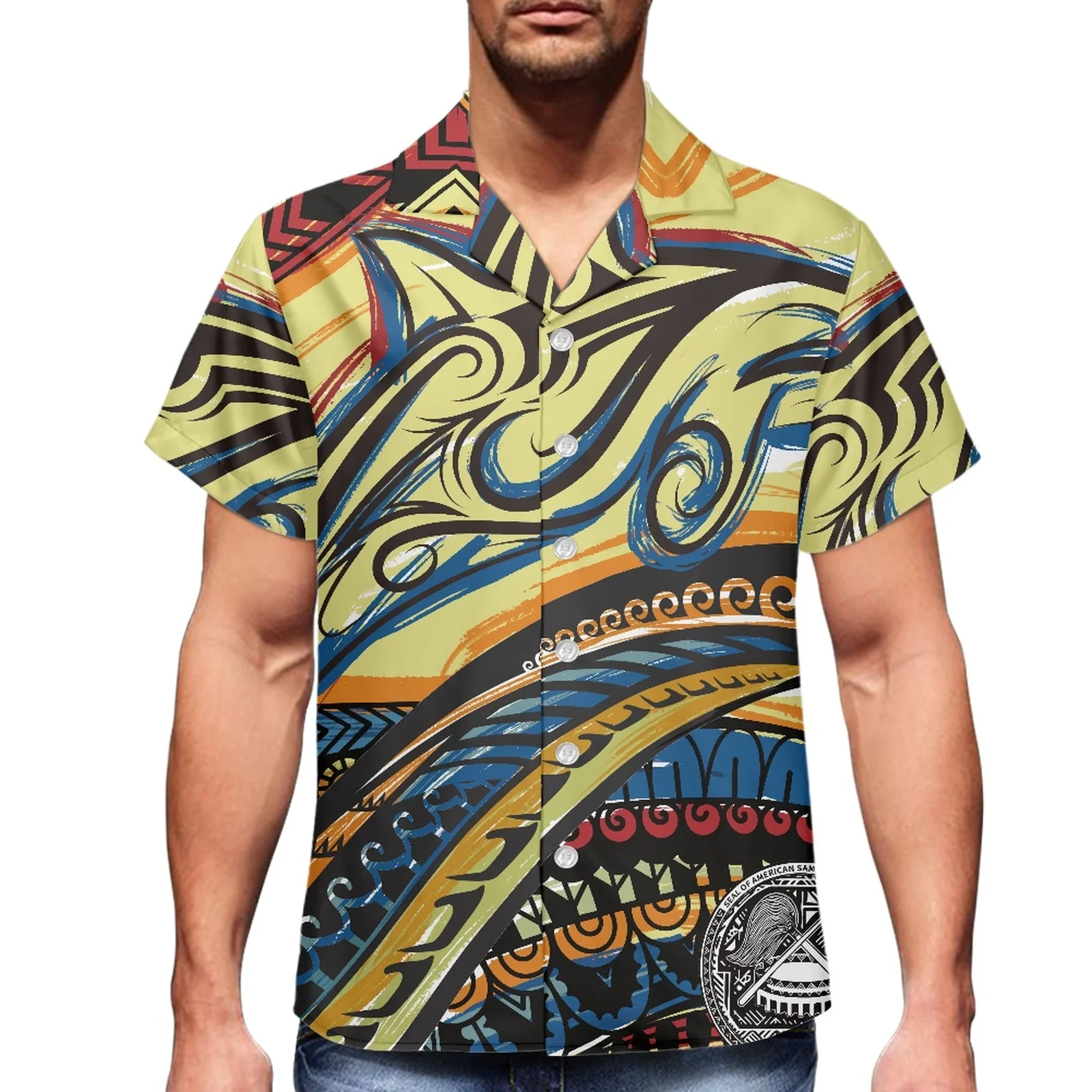 Oil Shark Traditional Tribal Print Polynesian 2023 Summer Men's Clothing Hawaiian Sport Shirt V-Neck Men's Short Sleeve Luxury