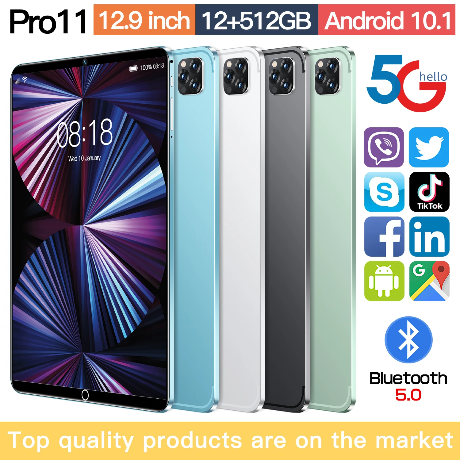

5G планшет 10,1 дюймов 2022 Новый Android 12 Гб + 512 Гб офисный телефон 2 в 1 HD + Подключаемая двойная карта + wifi + распознавание лица