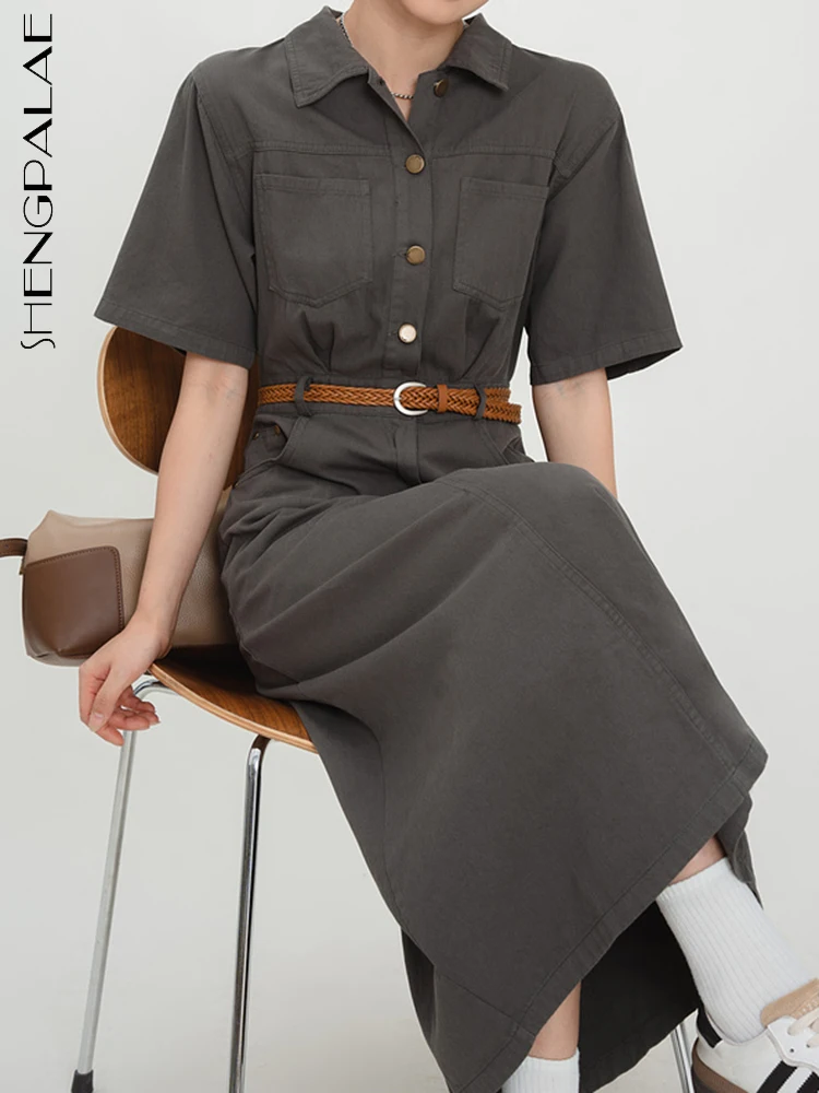 SHENGPALAE Fashion Denim Dress For Women Lapel Button Short Sleeve Belt Solid Color A-line Slit Vestido Summer 2023 New 5R4078