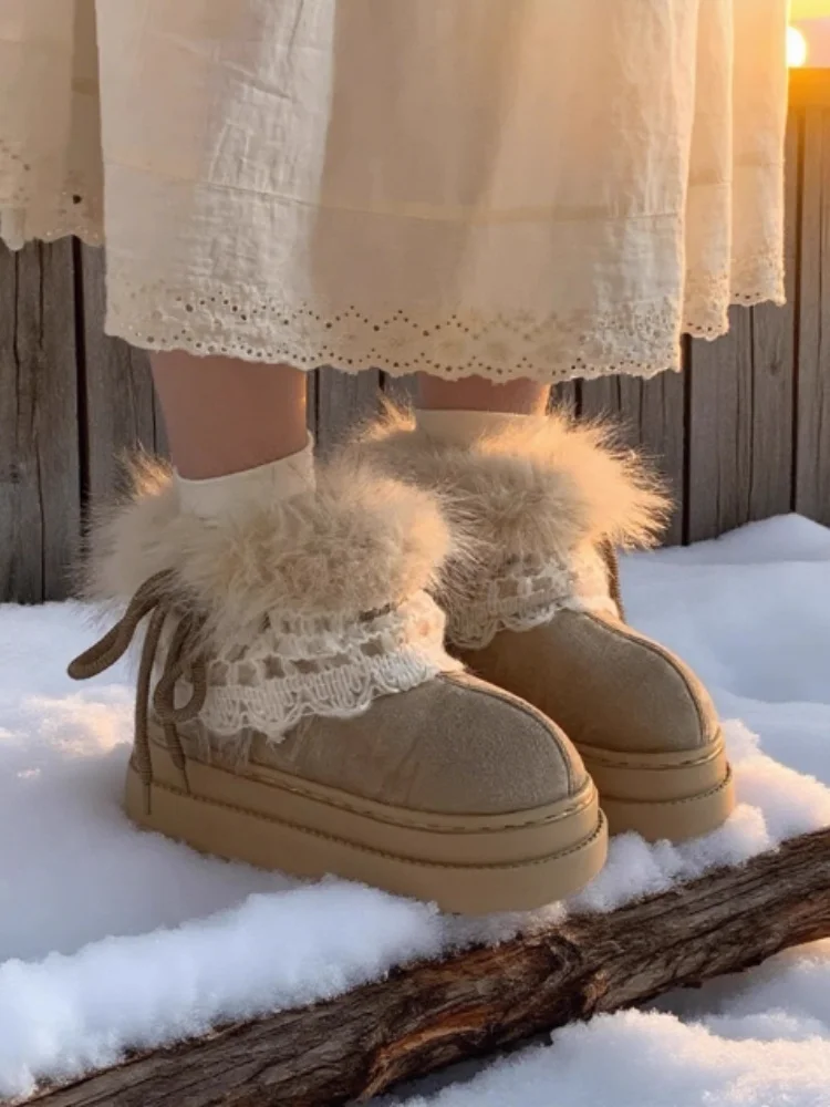Фото Зимние женские меховые зимние сапоги Fair Isle, универсальные теплые короткие хлопковые ботинки на толстой подошве на флисовой подкладке №5