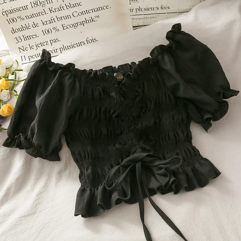 

Vintage Tops Ruched shirt Women Bodycon Drawstring Sexy Female Top Casual Blouse Solid Color Tops