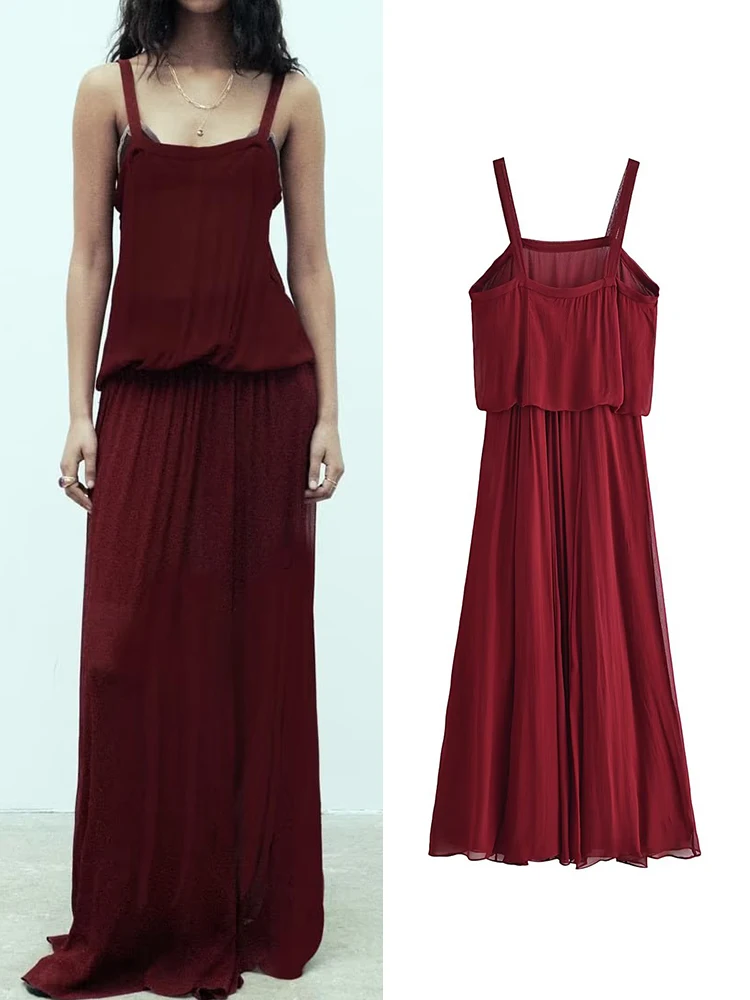 

TRAF Summer Women Midi Dress 2023 New Luxury Solid Square Neck Elegant Spaghetti Strap Dress Leisure Beach Style Long Dress