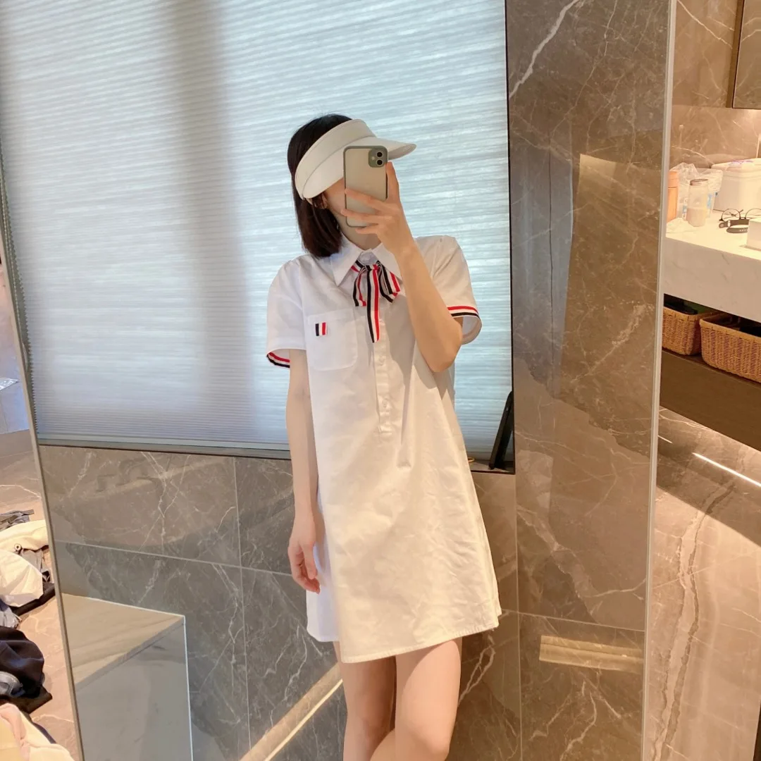 

High Quality Korean Style Summer Spot Ribbon Bow Waist Casual Slim Dress TB