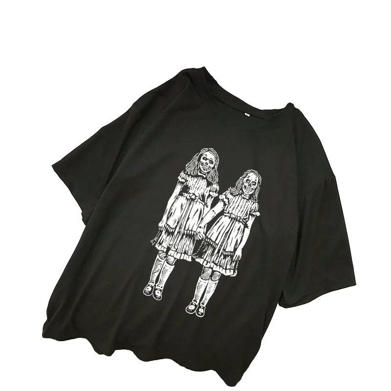 

Women's Short Sleeve T-Shirts Creative Creepy Twin Girls Skeleton Gothic Printed Harajuku Fashion Woman Blouses Tops y2k Clothes