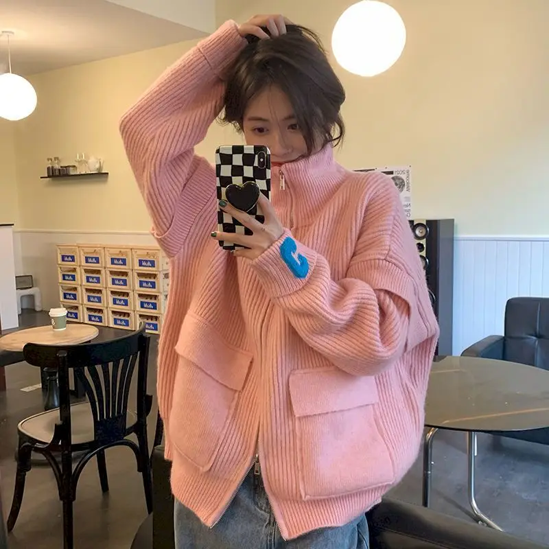 

Harajuku Autumn Winter 2022 New Sweater Coat Sweet Fruit Color Long Sleeve Turtleneck Zip-Up Loose Knit Cardigan Tide Ladies No