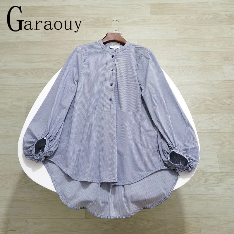 

Garaouy 2022 Autumn New Women Stripe Lantern Sleeve Blouse Simple Casual Lady Asymmetrical Loose Office Shirt Tops Blusas Mujer