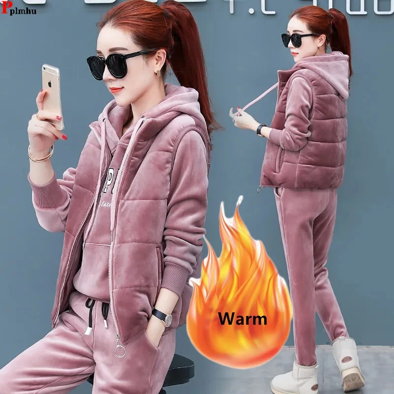 

Winter Thicken 3 Pieces Sets Loose Vest Warm Hooded Tops Outfit High Waist Baggy Harem Pant Suits Plush Lined Ensemble
