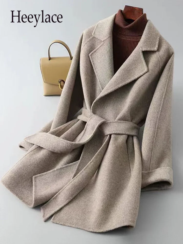 

Office Ladies Elegant Blend Wool Long Overcoat 2022 Winter Bandage Belted Outwear Jackets Women Long Sleeve Trench Coats Jackets