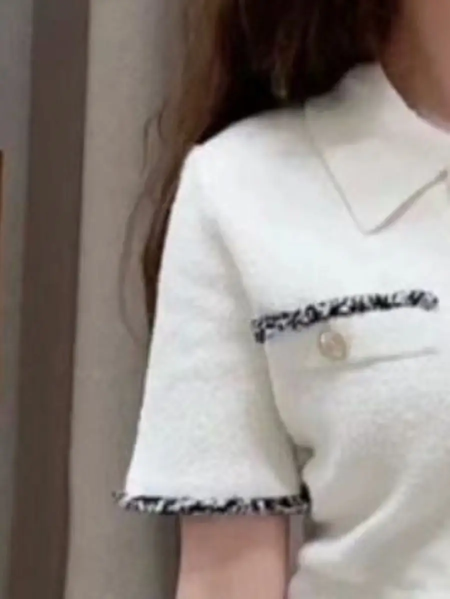 

Women Tweed Color Contrast Spliced Single Breasted Turn Down Collar Short Sleeve Elegant Mini Dress