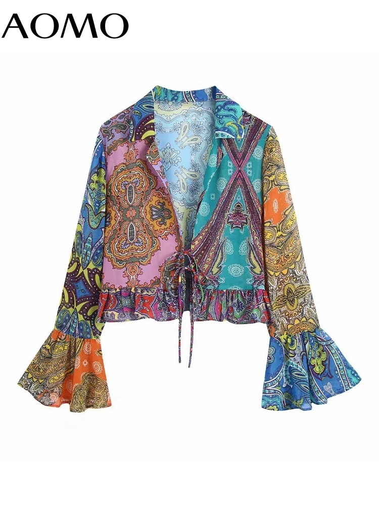

AOMO Women Fashion Printed Loose Shirts Flare Long Sleeve Front Buttons Female Blouses Blusas Chic Tops BE110A