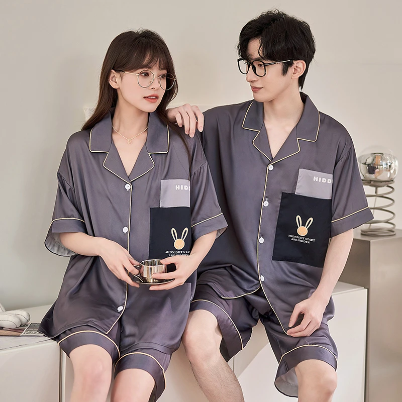 

Cute Rabbit Men Pajama Sets Summer Short Sleeve Women Sleepwear Silk Thin Pyjama Suit Korean Loose Boy Pijama Mujer Night Wear
