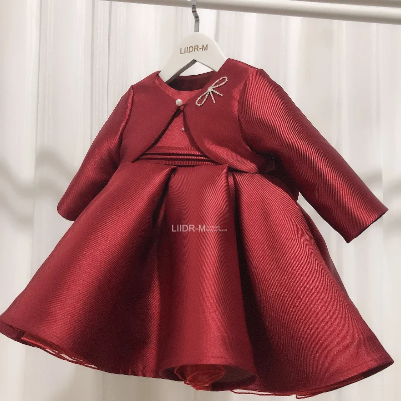 

2021 Wine Chlid Dress Beading First Birthday Dress For Baby Girl Ceremony Ball Gown Bow Princess Party Dresses robe fillette