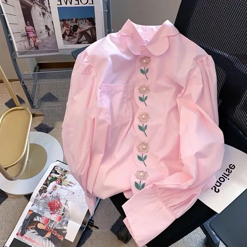 

Pink Blouses Women Button Up Shirts French Style Embroidery Floral Single Breasted Loose Long Sleeve Casual Fall Sweet Chic Tops