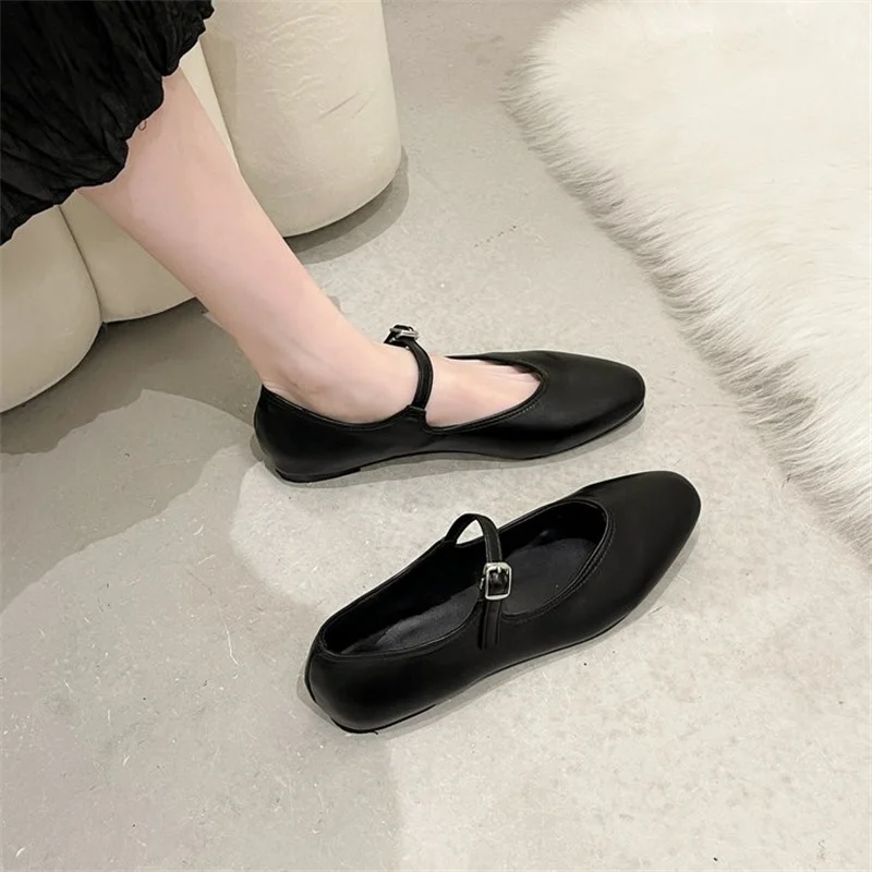 

Casual Woman Shoe Round Toe Female Footwear Shallow Mouth Dress Boat Retro New Square Summer Spring Solid Lace-Up Leisure PU Fla