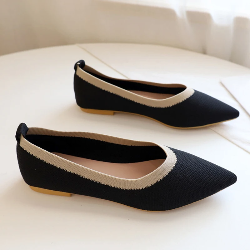 Breathable Mesh Knit Ballet Flats Women Moccasins 2022 Rubber Sole Flat Dress Shoes Low Loafers Pointed Toe Ballerina Summer