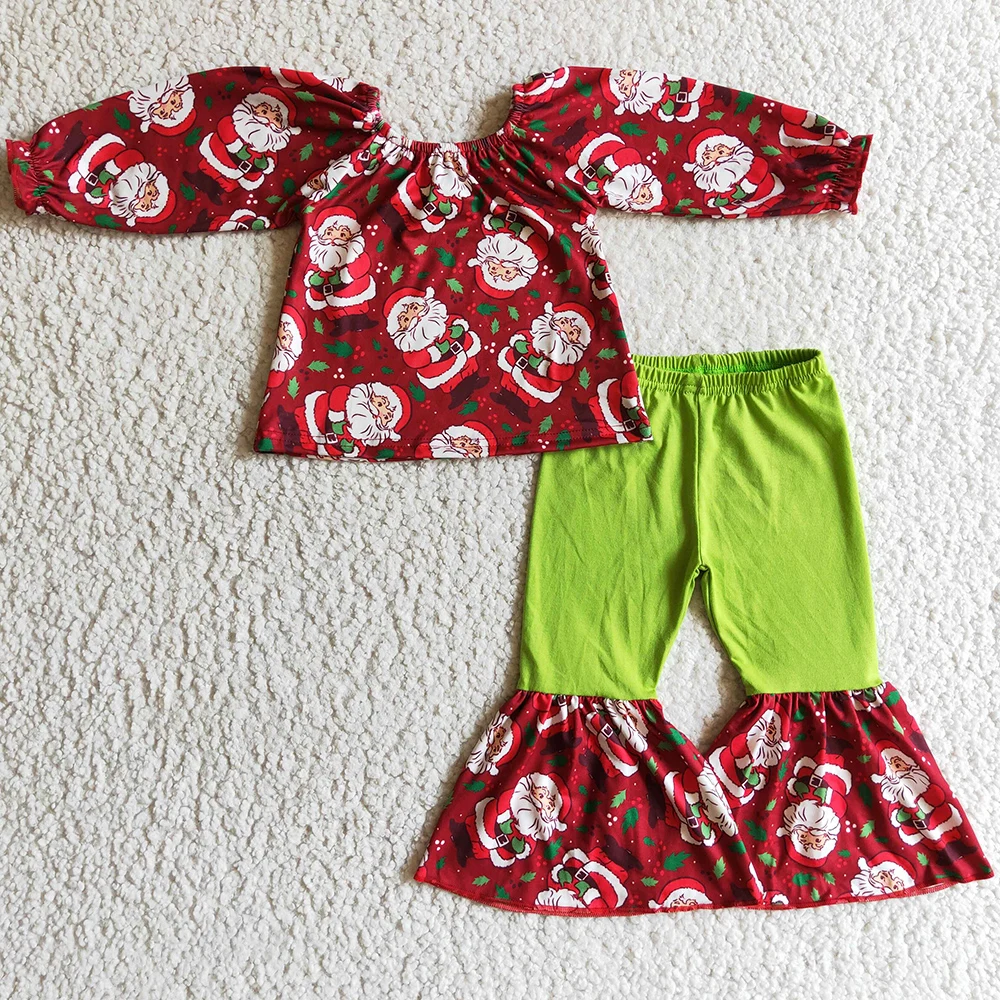 

RTS Baby Girl Clothes Long Sleeve Bell Bottom Outfits Santa Claus Print Toddler Girls Clothes Set Children Christmas Clothing