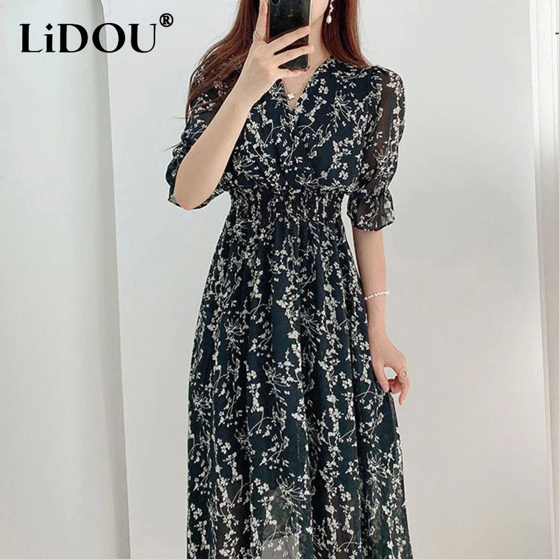 

Summer New V-neck Floral Print Waist Casual Dress Women High Waist Temperament Midi Dresses Beach Holiday Elegant Robe Vestidos