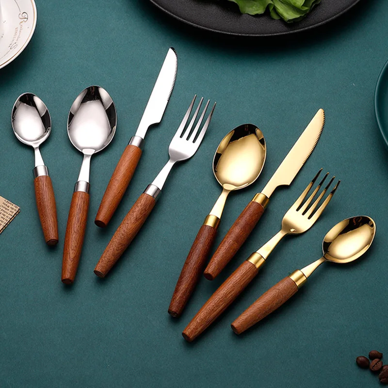 

24pcs Stainless Steel Round Wooden Handle Cutlery Set Western Style Knife Fork Spoon Gold Silver Cutlery Full Supplies