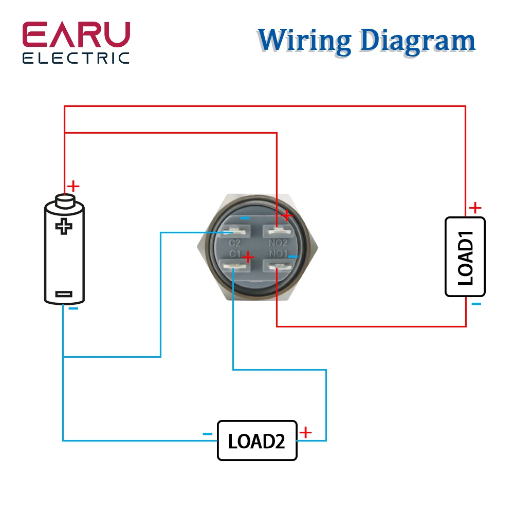 22mm 2NO Metal Button Rocker Switch Stainless Steel 15A 12V Self-locking Two Positions Car Toggle Switches 250V 16A 4 Pins Red
